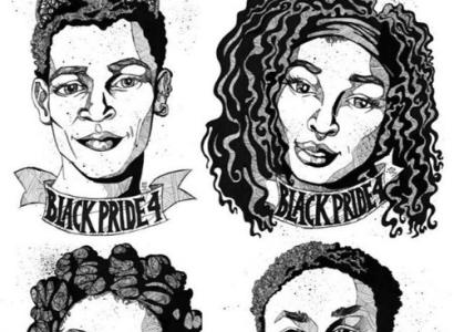 Sketch of four young black people, two women, two men, with words BlackPride4