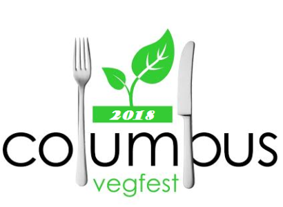 Green leaf and a fork and knife and words Columbus Vegfest