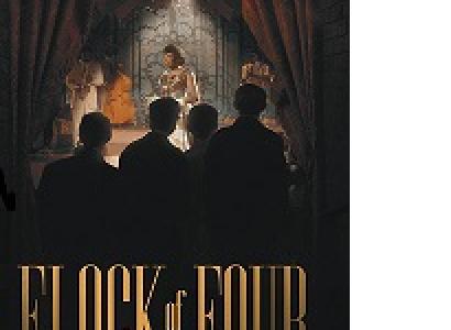 Book cover with words in tall gold letters Flock of Four and above the back silhouette of four people looking at a stage with a woman on the stage and curtains pulled back on both sides