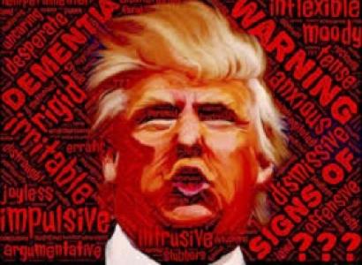Cartoonish face of Trump with orange skin and pursed lips next to words Warning anxious dismissive inflexible and more