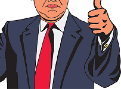 Cartoon of older man with fluffy yellow hair and a blue suit with red tie holding his thumb up, but the look on his face is a big frown
