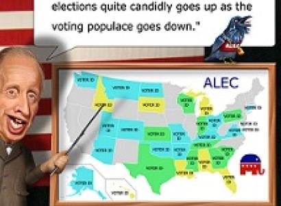 Character of man with pointing stick pointing at a map of the US on a board and the words above "As a matter of fact, our leverage in the elections quite candidly goes up as the voting populace goes down