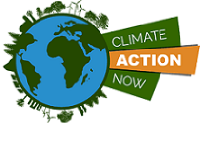 Drawing of the Earth, a round ball with blue and green to depict water and land, little houses and trees and windmills in green coming off the circle all around it and a banner that has the words climate action now