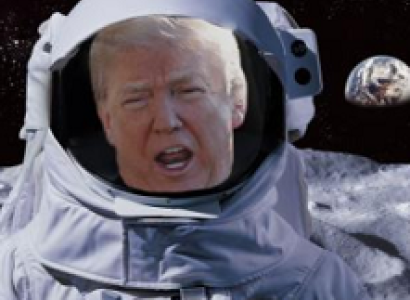 Older white man with mouth open, his face in an astronaut helmet and outfit against blackness of space and a moon in the background