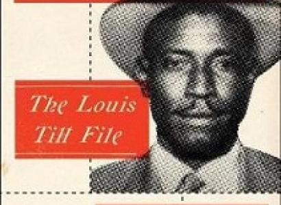 White words in a red box at top saying Writing to Save a Life, another red box at bottom left saying The Louis Till File and a black and white head shot of a young black ham in a hat and suit