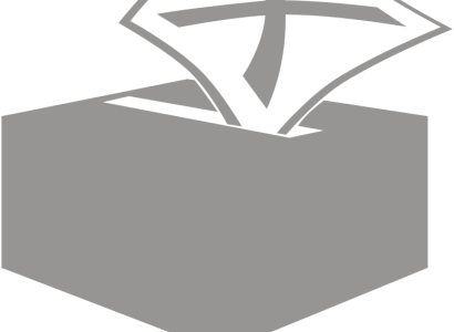 Gray rectangle box with open slot on top and piece of paper with an X on it like a ballot going inside