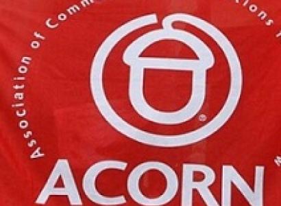 Red banner with acorn logo and words ACORN Association of Community Organizations