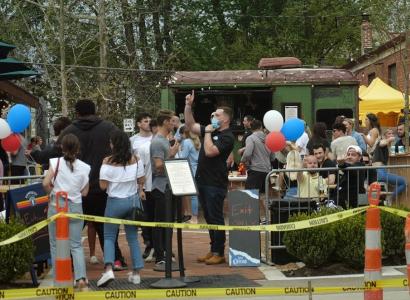 Lots of people gathered outside 