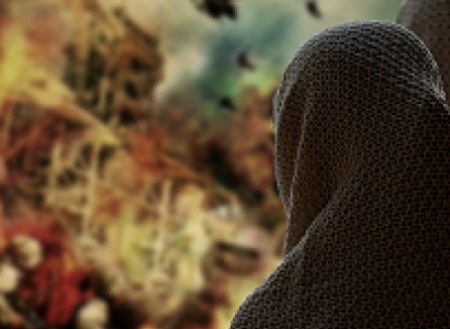 Back of woman in Islamic dress next to war scene