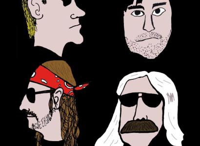 Cartoons of four guys heads in the band