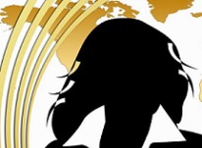 Black silhouette of a woman in a suit against a gold map of the US with five gold lines curving up the left side