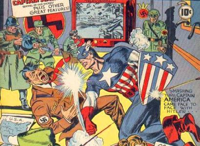 Comic book with Captain America punching a Nazi