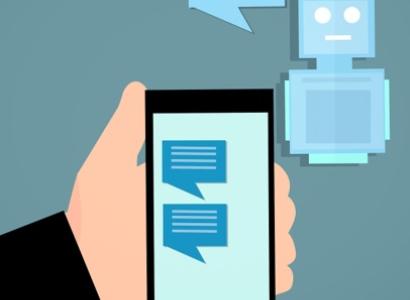 Drawing of hand holding a phone with texts happening on it and a robot off to the side texting too