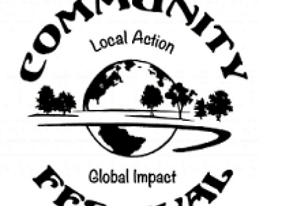 Words Community Festival and Local Action Global Impact in circles around a world and some trees