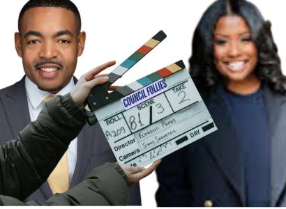 Shannon Hardin and Tiara Ross with movie clapboard