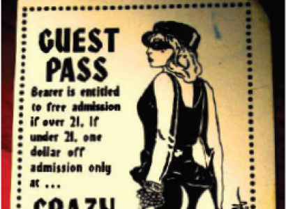 Guest pass from Crazy Mama's with a picture of a woman in leather