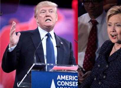 Trump and Clinton each at a podium looking like they are yelling