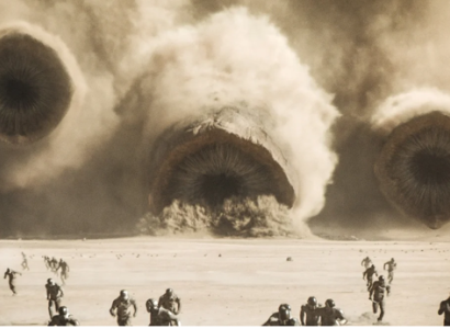 Clouds of dust kicked up at people from what looks like huge cannons