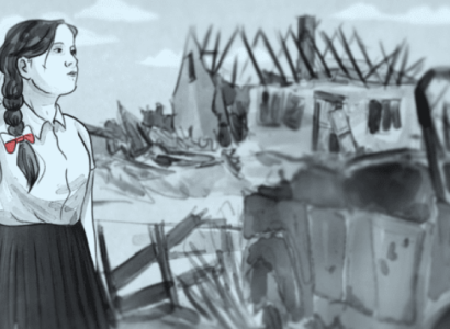 Woman next to bombed out buildings