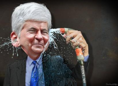 Cartoonish picture of gray haired man spraying water from a hose through his head
