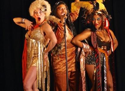 People dressed campy singing and acting