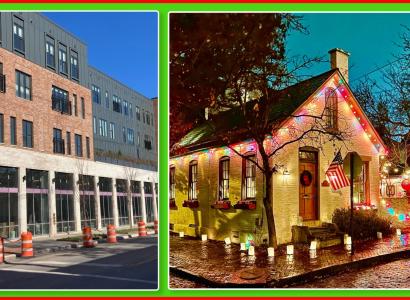 House with Christmas lights and a big flat building