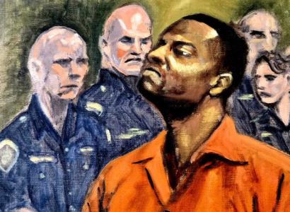 Black man surrounded by white cops