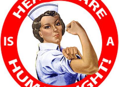 Nurse with fist raised in a red circle that says Health Care is a Human Right
