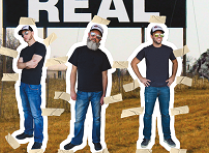 Three white men dressed in blue jeans and black T-shirts with withe baseball caps and little white tabs around them like they are cut-out paper dolls standing outside on the grass under a big black sign that says Hellroys is Real