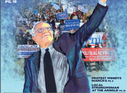 Cover of Free Press, artist rendering of Bernie Sanders, people marching in the background
