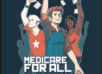 Colorful drawing of people holding up cards in the air and the words Medicare for All