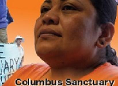 Latina woman looking serious and determined with words Columbus Sanctuary movement continues