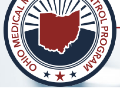 Round circle with words Ohio Medical Marijuana Control Program and a map of Ohio with lines spraying above it