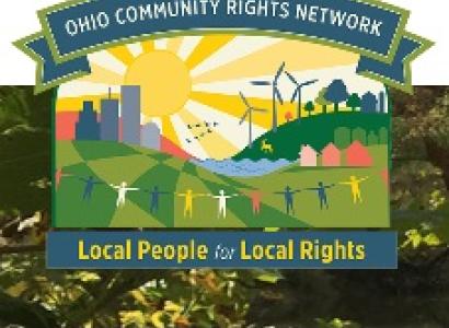 Colorful drawing of a landscape with a sun, windmills, people holding hands, some trees and the words Ohio Community Rights Network