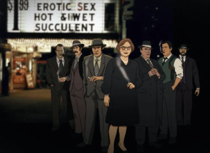 Cartoon people standing outside a movie theater