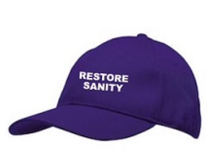 Purple baseball cap that says Restore Sanity