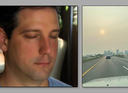 Man's face and hazy skyline