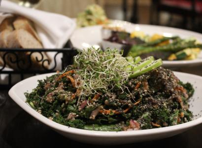 The “Good Good Salad” (front center), grilled vegetables (background) 