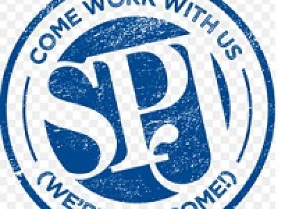 Letters SPJ sideways in a blue circle outline with words going around saying Come work with us (we're awesome!)