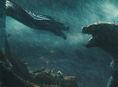 Two reptilian monsters with mouths open seemingly yelling at each other with a murky blue background