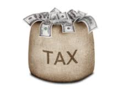 Bag of money with word Tax on it