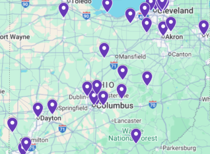 Ohio map with purple dots