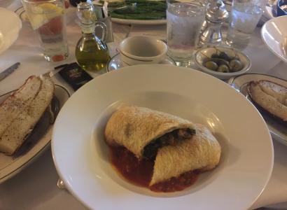 Photo of Vegan Mushroom filled Pastry with grilled asparagus and baked potato