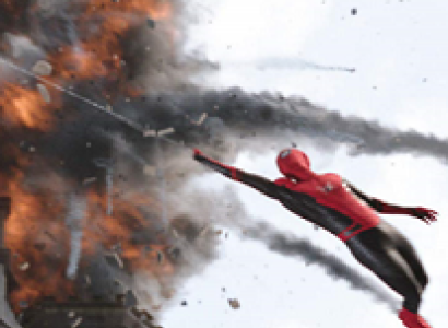 Spiderman in red and blue leotard hanging from a thread swinging out from a burning building