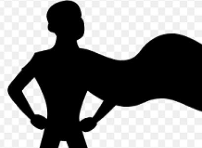 Black silhouette of a guy with hands on hips and a cape billowing out to the side