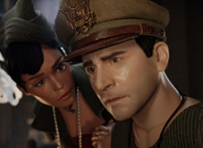 Puppet looking people, a white man in a military hat looking disturbed and a woman leaning over him looking concerned