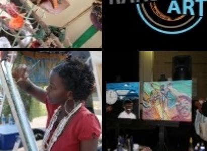 Four squares, top left looks like a sculpture, top right is the words Transit Arts, bottom right is a series of paintings on easels and bottom left a woman black girl painting at an easel