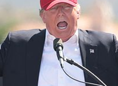 Trump in red baseball MAGA hat with mouth open