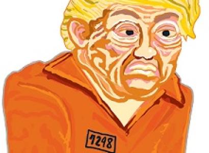 Cartoon of Trump with yellow hair and orange jumpsuit from prison