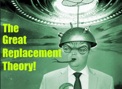 Alien creature with words The Great Replacement theory